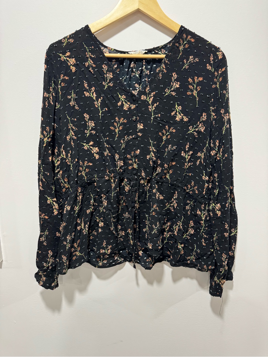 Caslon Black Floral Swiss Dot Blouse Tie Waist Semi Sheer Top Size M Cottagecore
